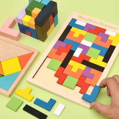 Sınır ötesi ahşap manyetik Tetris yapı taşları toptan çocuk bebek eğitici oyuncaklar Rus üç boyutlu bulmacalar