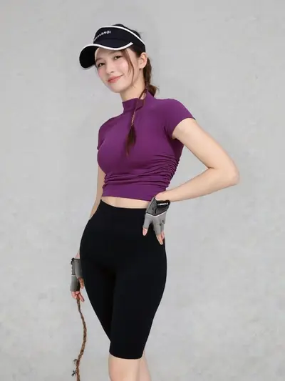 Women's Yoga Top, Half High Neck Short Sleeve, Slim Fit Pilates Shirt - 6