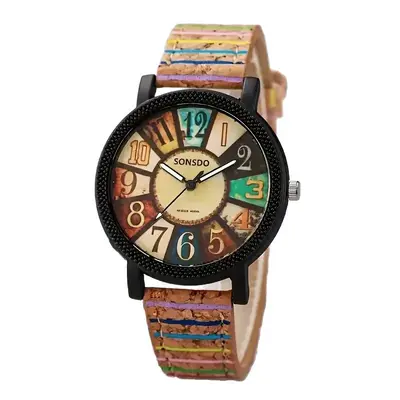 Damenuhr, Holzmaserung Lederarmband, digitales Display