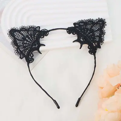 Black Lace Half Face Mask and Cat Ear Headband Set