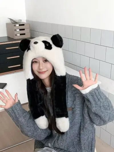Winter Plush Hat with Moving Panda Ears, Windproof and Warm - 7