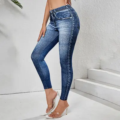 Damen-Yogahose mit hohem Bund, Po-Lifting, Jeans-Optik - 3