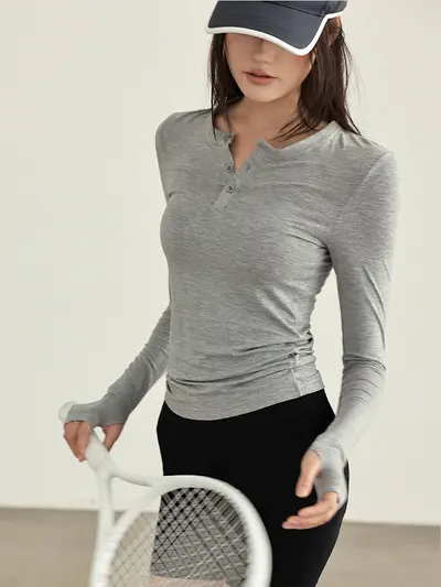 Damen Langarm-Yoga-Shirt mit Stehkragen, figurbetont, Fitnessbekleidung