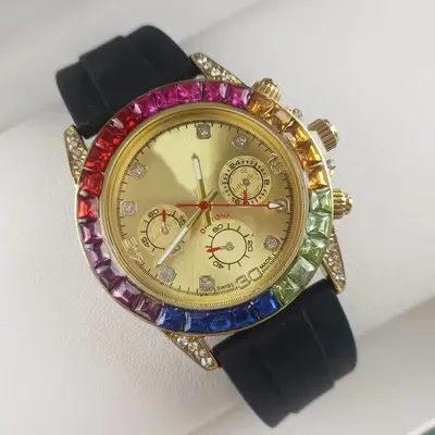 Rainbow men's quartz watch, steel band, diamond bezel - 11