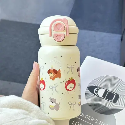 Kedi Desenli 316 Paslanmaz Çelik Termos Bardak Çocuk Pipetli Çift İçecekli Su Şişesi - 13