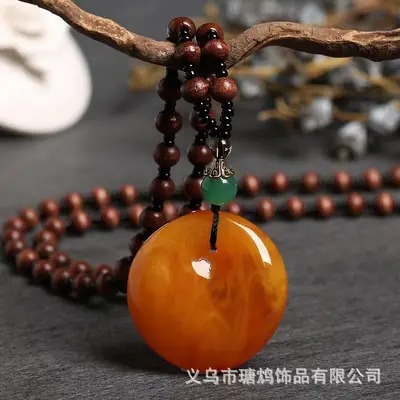 新款复古民族风老蜜蜡吊坠鸡翅木长项链女无事牌毛衣链棉麻配饰 - 12
