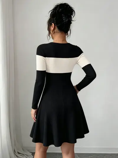 Women's Long Sleeve A-Line Dress with Contrast Color Patchwork and Waist Cinching