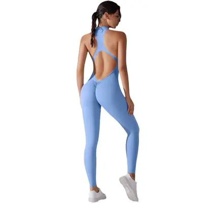 Solid Color High-Stretch Backless Long Yoga Jumpsuit for Women - 6