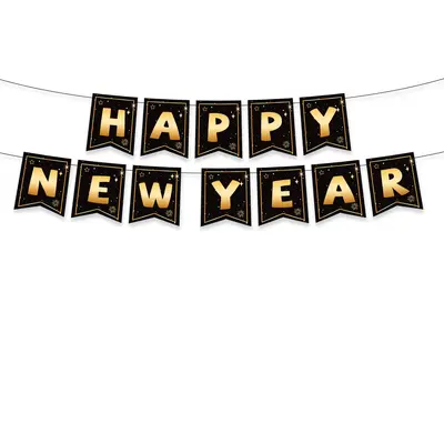 Black and Gold New Year Party Decoration Set with Tablecloth, Banner, Pull Flags and Ballo - 6