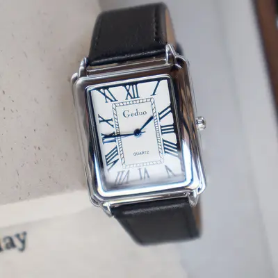 Men's wristwatch with leather strap, square dial, Roman numerals, quartz movement