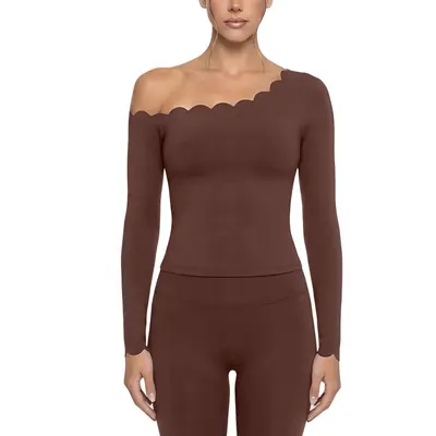 Lace Trim Asymmetric Shoulder Yoga Top High Stretch Long Sleeve - 8