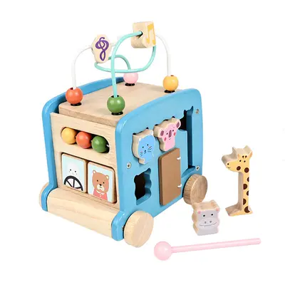 Wooden Six-sided Busy Box Montessori Bus Car Educational Toy