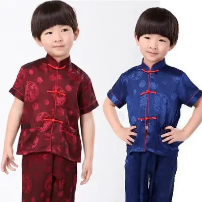 Red Men's Tang Suit, Short-Sleeve Summer Outfit
