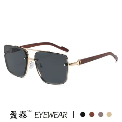 Square metal double-bridge sunglasses with wood-grain temples - 3