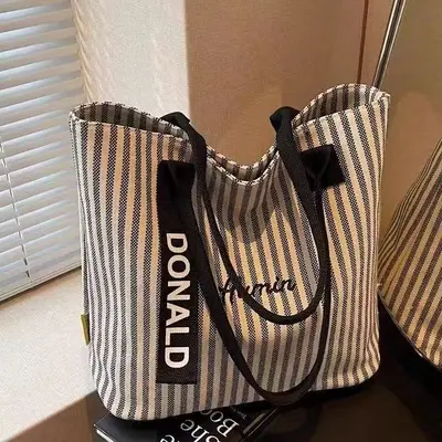 Women's 2025 Large Canvas Tote Bag, Striped Single-Shoulder Bag