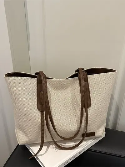 Women's Canvas Tote Bag with Leather Trim, Large Capacity - 2