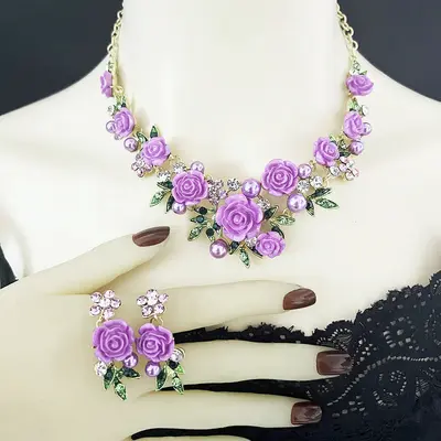 Umweltfreundliches vollständig mit Steinen besetztes Kamelie-Halsketten-, Armband- und Ohrring-Set, Palast-Stil leichte Luxus-Kleidung, Nischen-Perlen-Schlüsselbein-Ketten-Zubehör. - 7