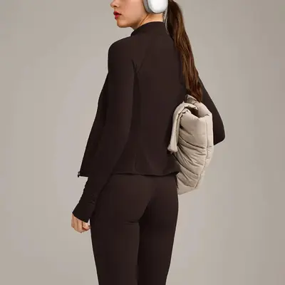 Kadın yoga ceketi, dik yaka, slim fit fermuarlı, parmak kancalı