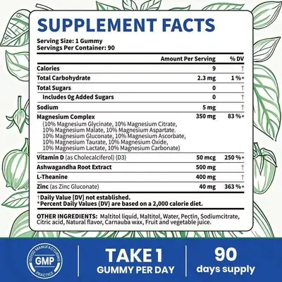 Ashwagandha ve L-Teanin içeren magnezyum yumuşak şeker, 90 adet
