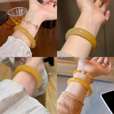 Natürliches gelbes Longjade-Armband mit Goldfaden, breites Design