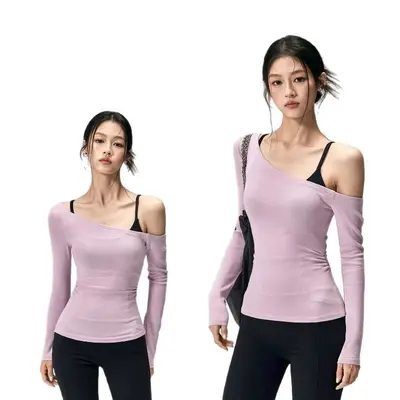 Damen-Yoga-T-Shirt, Langarm, Slim Fit, Schulterfrei