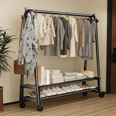 Bedroom Coat Rack Floor-Standing Household Cream Style Mobile Clothes Hanger Stand Wrought Iron Space-Saving Clothing Storage Rack Thickened