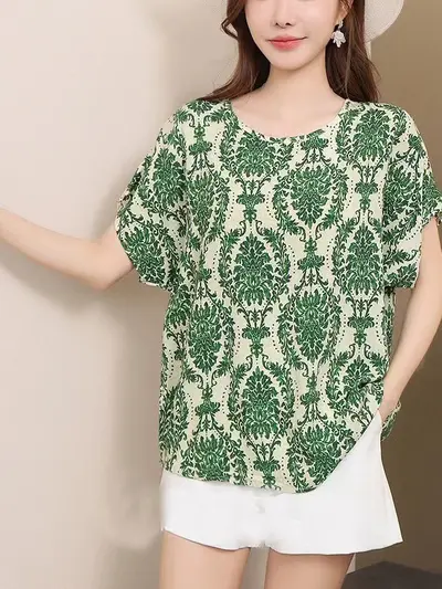 Große Größe Damen-T-Shirt mit Print, kurzarm, locker geschnitten, Viskose-Seidenmischung