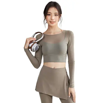 Women's Mesh Fake Two-Piece Yoga Set with Chest Pads, Long Sleeve - 5