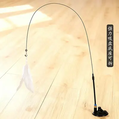 Suction Cup Cat Teaser Wand with Feather and Bell, Detachable Replacement Head - 7