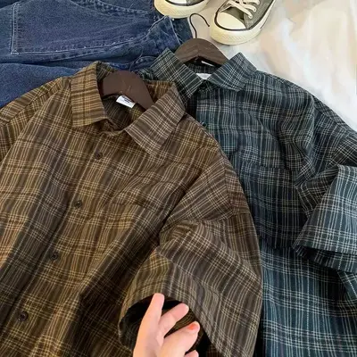 Unisex Sommerhemd mit Kurzarm und Karomuster, koreanischer Stil