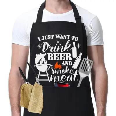 Black Men's Barbecue Chef Apron with Pockets, Adjustable, Waterproof - 11