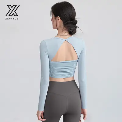 Yoga Top, Long Sleeve, Built-in Bra Pad, Backless Cut-Out - 1