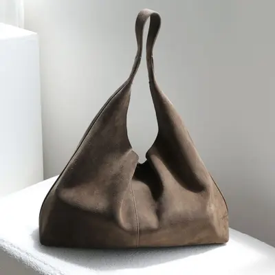 Genuine Leather Tote Bag with Suede Look, Large Capacity, Single Shoulder