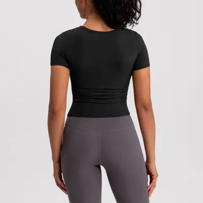 Athena lulu Summer New Yoga Wear Женская футболка с коротким рукавом и встроенными чашечками бюстгальтера, эффект «второй кожи», спортивный топ для бега и фитнеса - 3
