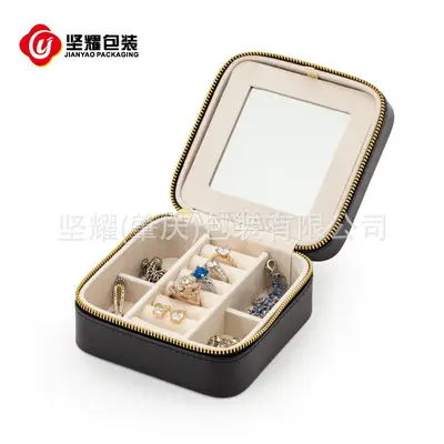PU jewelry box travel portable black leather mirrored multilayer jewelry storage box wholesale factory direct supply - 3