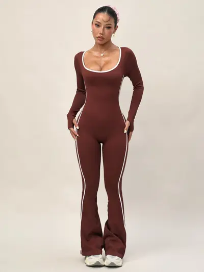 欧美跨境长袖瑜伽连体服女美背撞色运动喇叭裤速干健身长裤瑜伽服 - 7