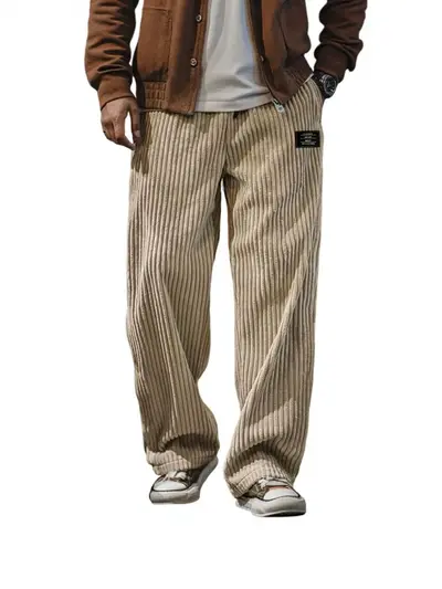 Men's Retro Corduroy Embroidered Straight-Leg Casual Pants, Loose Fit