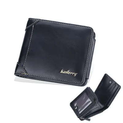 Men's Short Wallet with Vertical Zipper, Buckle and Coin Pocket - 10