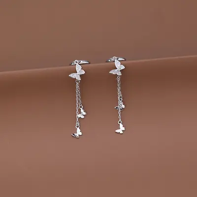 S925 silver butterfly tassel earrings women
