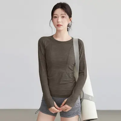 纯色新款瑜伽健身训练服圆领高弹普拉提骑行跑步瑜伽服女t恤批发 - 9