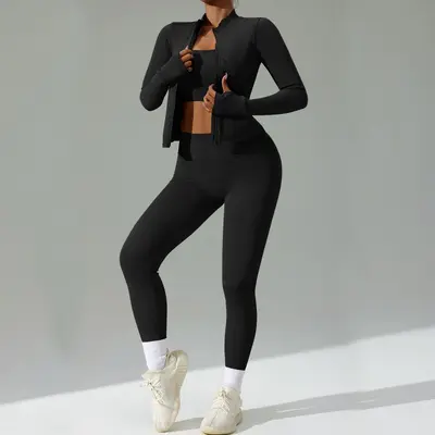 Women's Three-Piece Yoga Set with Cardigan, Quick-Dry - 7
