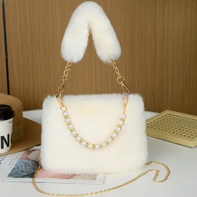 Rabbit Fur Plush Pearl Handbag with Chain Strap - 7