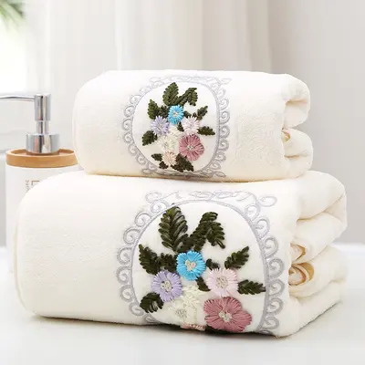 Floral Cotton Face and Bath Towel Set, 2-Piece, with Lace