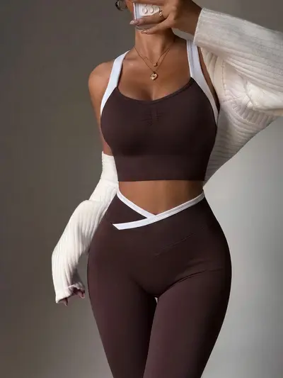 Women's Fitness Two-Piece Set, Crossover Tank Top and High-Waist Leggings