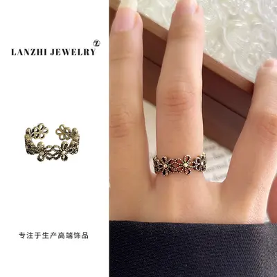Lanzhi snowflake pattern 925 silver retro ring - 9