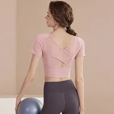 Women's Open-Back Short-Sleeve Yoga Top with Built-in Chest Pads - 9