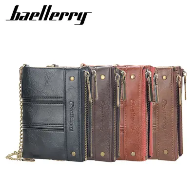 BAELLERRY Men's Short Wallet, Vertical Design, Double Zipper, Retro Coin Pocket - 5