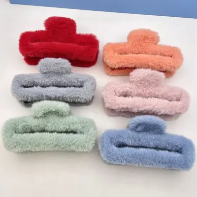 Oufeirle Autumn and Winter Square Plush Hair Clip Large Handmade Rabbit Fur Shark Clip Fluffy Hair Bun Clip Hair Accessory