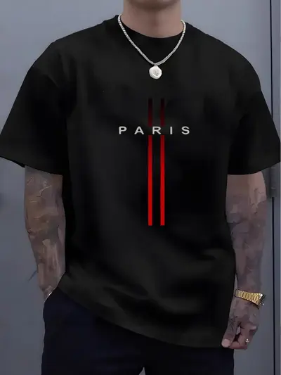 Men's 100% Cotton Loose Fit Paris Letter Print Short Sleeve T-Shirt