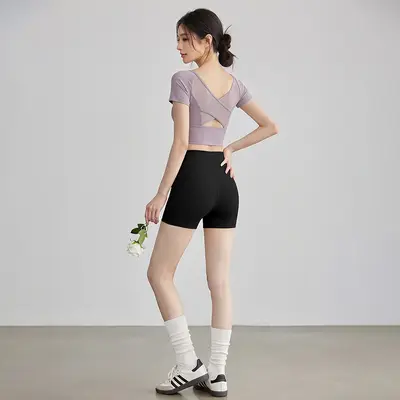 Kadın Kısa Kollu Yoga Üstü, Çapraz Açık Sırt, Mesh Koşu ve Pilates - 10